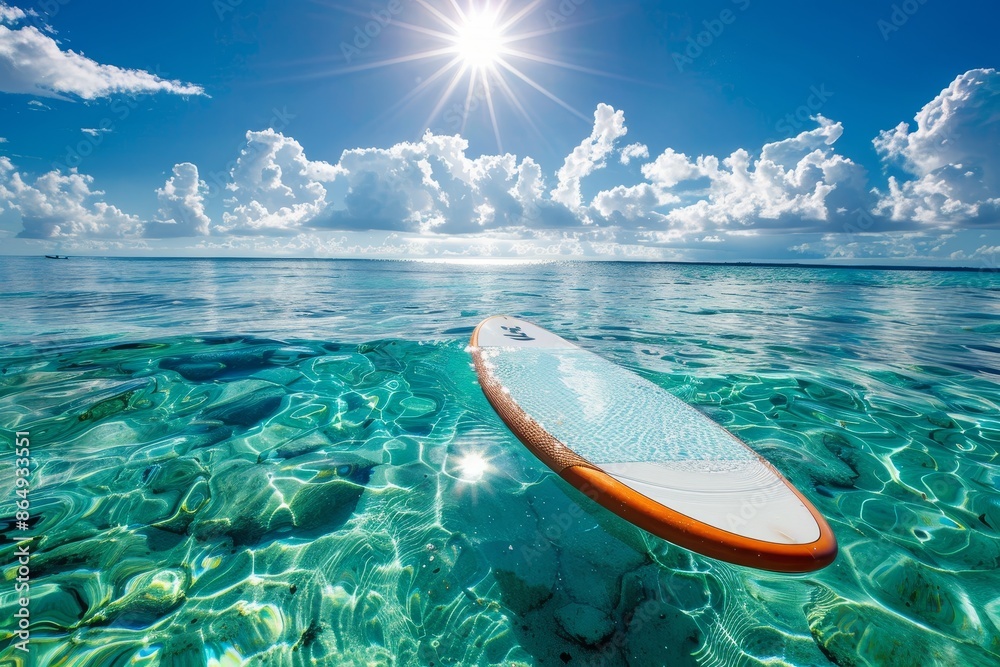 Wall mural A surfboard peacefully floating in the clear blue ocean on a sunny day, A surfboard floating in clear blue water with the sun shining above