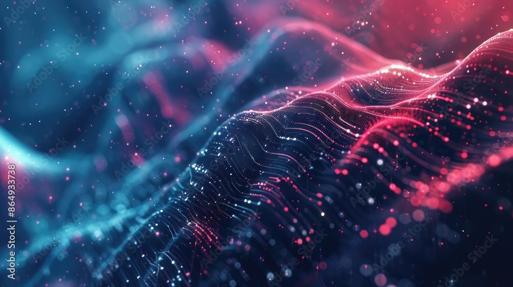 Aufkleber A close-up of a wave-like pattern made of pink and blue lights, suitable for use in digital designs or illustrations