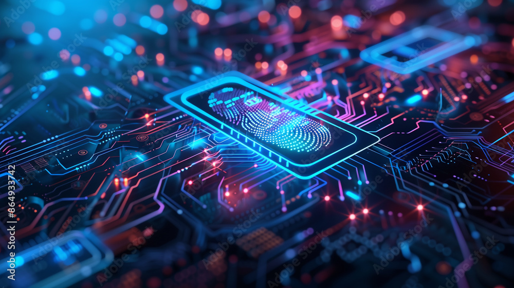 Poster futuristic cyber security technology linked with fingerprint authentication digital data protection 