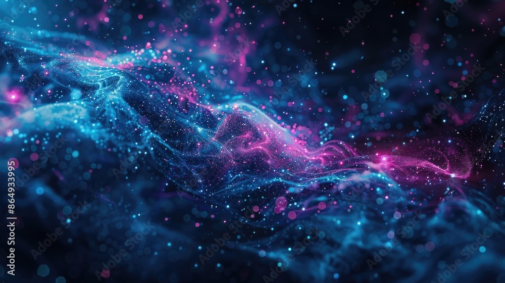 Poster a beautiful image of a blue and pink galaxy with stars shining bright in the background, ideal for u