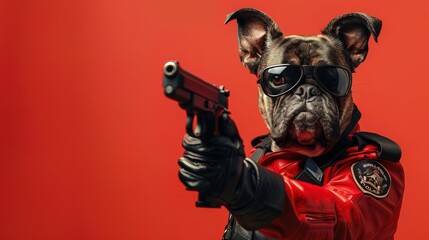 Angry Dog Police costume, holding gun ready to shoot, isolated color background