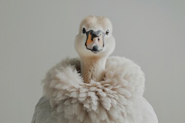 Young swan posing in front of a white background