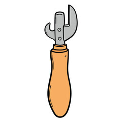 Hand drawn cartoon can opener with wooden handle on white background.