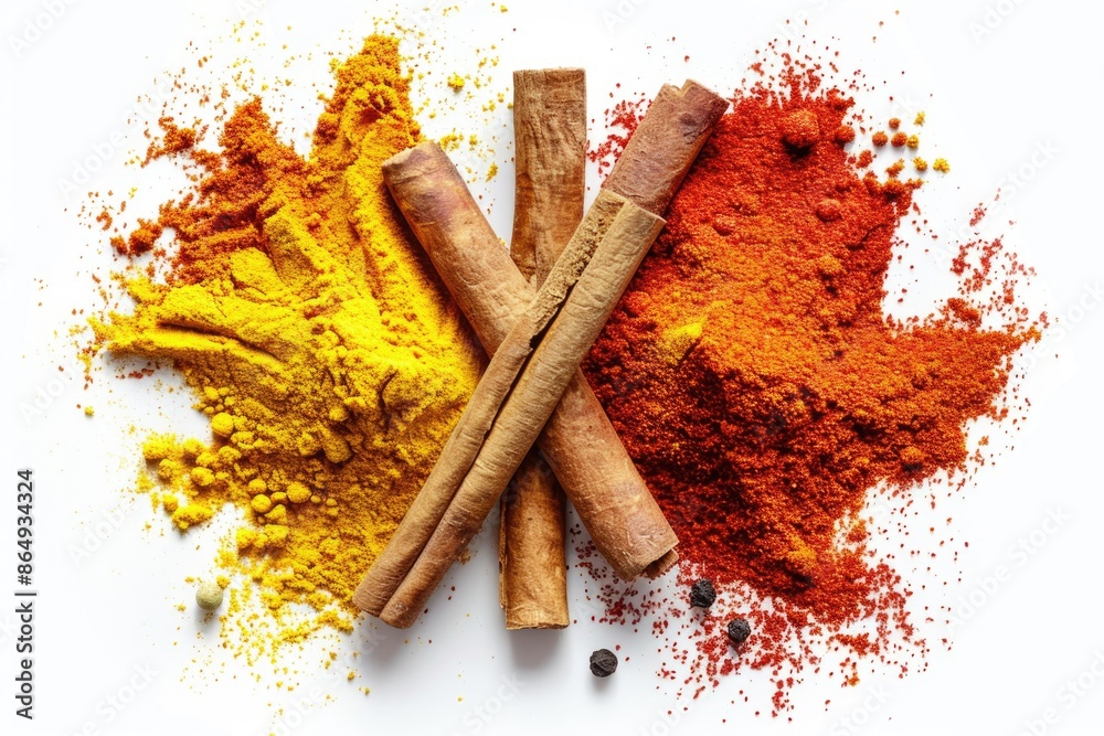 Poster A collection of spices and cinnamon sticks arranged on a white surface