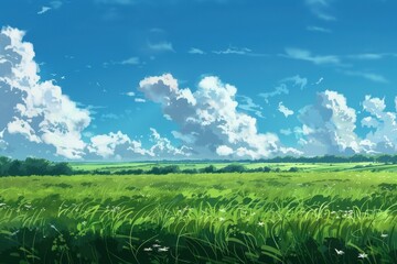 Grass Field landscape with blue sky and white cloud. Blue sky clouds sunny day wallpaper. Cartoon illustration of a Grass Field with blue sky in Summer. green field in a day.
