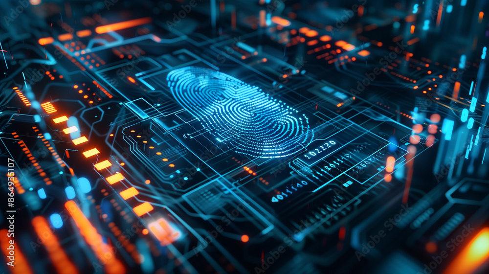 Poster futuristic cyber security technology linked with fingerprint authentication digital data protection 