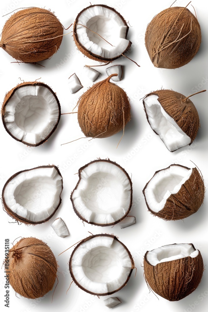Poster Coconuts cut in half on a white surface, perfect for decorative or food-related use