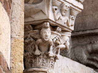 Verona dome cathedral church exterior sculptures detail. Romanesque sculpture attributed to the workshop of Veronese sculptor Brioloto