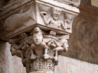 Verona dome cathedral church exterior sculptures detail. Romanesque sculpture attributed to the workshop of Veronese sculptor Brioloto