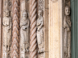 Verona dome cathedral church exterior sculptures detail. Romanesque sculpture attributed to the workshop of Veronese sculptor Brioloto