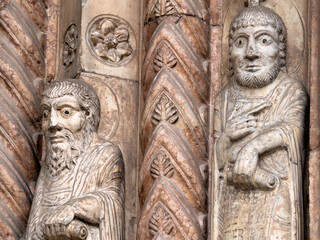 Verona dome cathedral church exterior sculptures detail. Romanesque sculpture attributed to the workshop of Veronese sculptor Brioloto