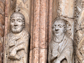 Verona dome cathedral church exterior sculptures detail. Romanesque sculpture attributed to the workshop of Veronese sculptor Brioloto
