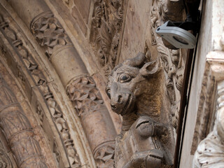 Verona dome cathedral church exterior sculptures detail. Romanesque sculpture attributed to the workshop of Veronese sculptor Brioloto