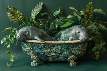 Two manatees relaxing in a bathtub surrounded by lush greenery