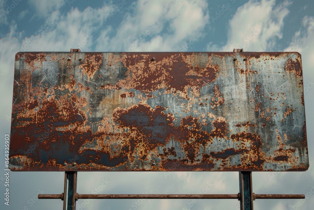 Aufkleber a close-up of a rusty metal sign with a cloudy sky in the background, suitable for use in historical