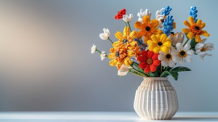 Lego flowers in vase decor on beige background,decoration in living room,Lego block toys in the shape of flowers in various colors,lego toy concept.
