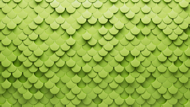 Fish Scale, Semigloss Mosaic Tiles arranged in the shape of a wall. Green, Futuristic, Blocks stacked to create a 3D block background. 3D Render