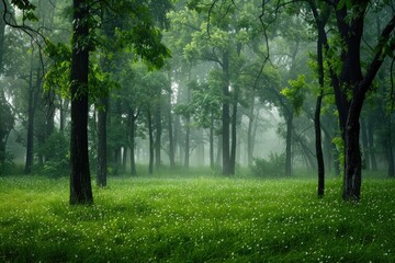 A picture of a lush green field with trees standing tall in the background, suitable for use in landscape or nature-themed projects