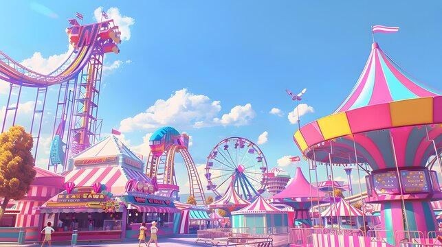 Amusement parks and festivals in light cartoon style.