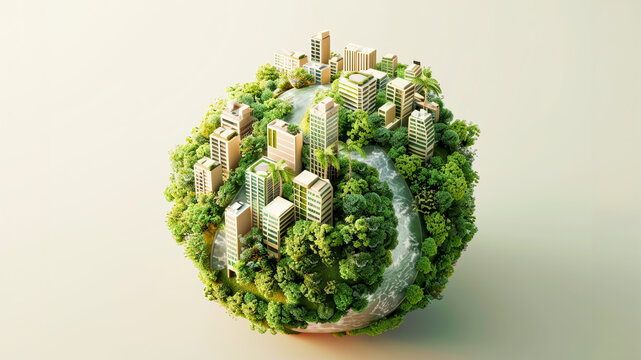 3D rendering of a sustainable eco-friendly living concept with a green urban area with buildings, parks, houses, rivers in the form of the globe, planet, Earth.