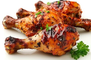Juicy roasted chicken legs garnished with herbs on a white background
