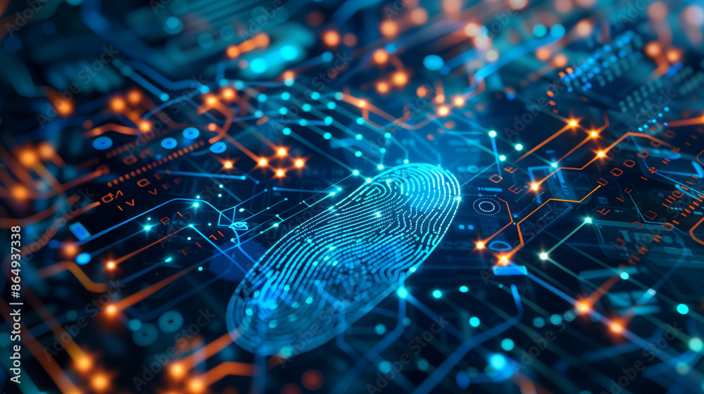 Poster futuristic cyber security technology linked with fingerprint authentication digital data protection 