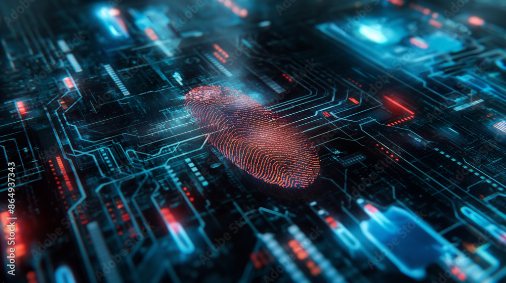 Poster futuristic cyber security technology linked with fingerprint authentication digital data protection 