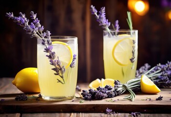 refreshing lavender lemonade lavender sprigs, beverage, drink, citrus, herbal, purple, violet, flowers, glass, ice, cold, summer, herb, floral, garnish