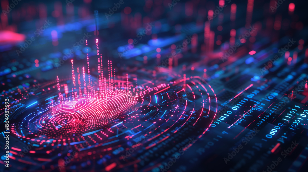 Poster futuristic cyber security technology linked with fingerprint authentication digital data protection 