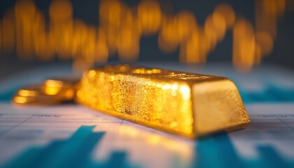 A glistening gold bar is set on a financial document with blue charts, merging the realms of tangible wealth and data analysis into a coherent financial narrative for investors.