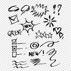  chalk pencil sketch and doodle, set of underline, star, check list, line abstract