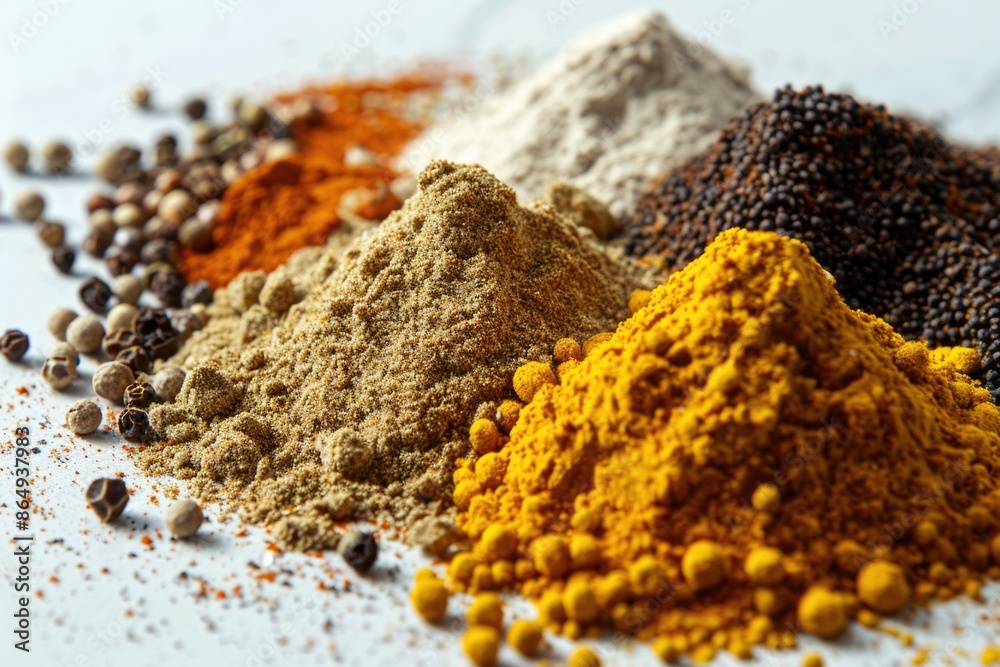 Poster A collection of spices arranged on a table, with a variety of colors and textures