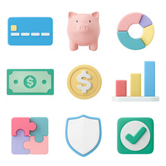 3D finance business png clipart, money & banking set on transparent background