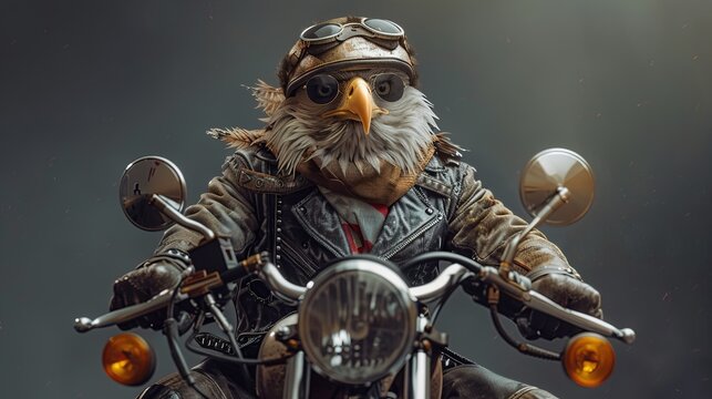 Smile eagle riding future motorcycle wearing punk costume and helmet. tongue sticking out 