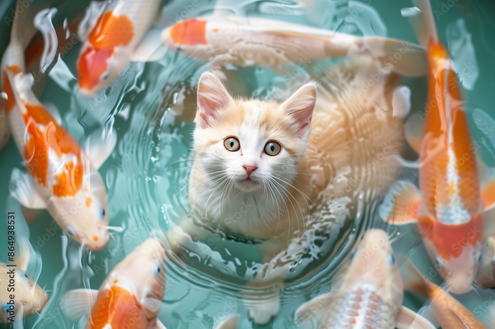 Wall mural Curious kitten swimming with koi fish in pond