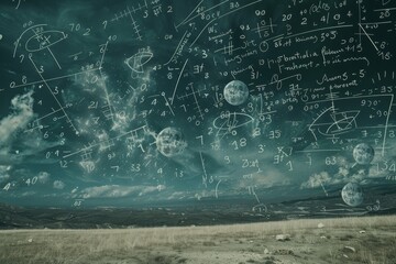 A field covered in numerous writings, possibly equations and formulas, creating a surreal blackboard landscape, A surreal blackboard landscape with floating mathematical symbols and symbols