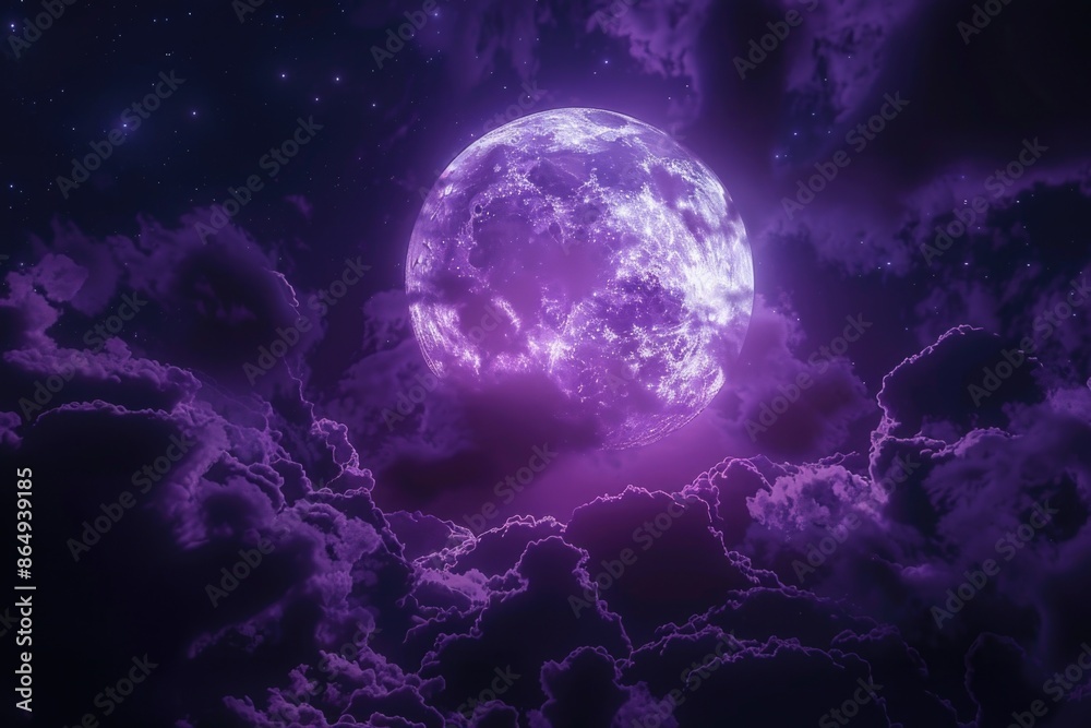 Poster a large purple full moon shines through a cloudy sky, creating a beautiful and atmospheric scene