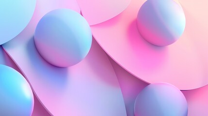 3D rendering of a pastel colored abstract background with balls and curved shapes.
