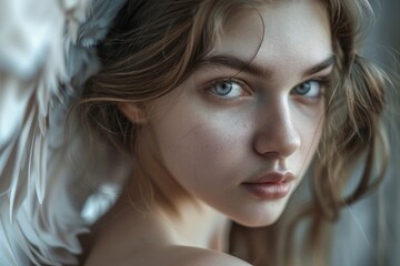 A beautiful young woman with angelic wings on her head, perfect for fantasy and mythology illustrations