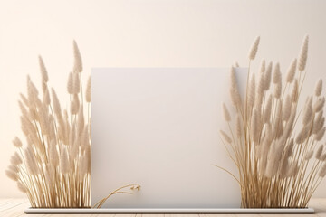 White Box with Dried Grass on White Background, Minimalist Design, Natural Decor, Simple Elegance