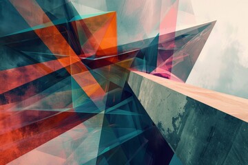 Geometric shapes in red and blue colors blend in a surreal abstract painting, A surreal blend of geometric shapes and angles