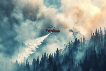 Fototapeta na wymiar Helicopter Flying Over Smoky Forest. Generative AI