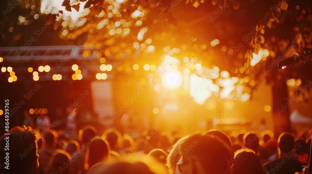 Poster A large group of people gathered in front of a stage, possibly waiting for an event or performance to begin