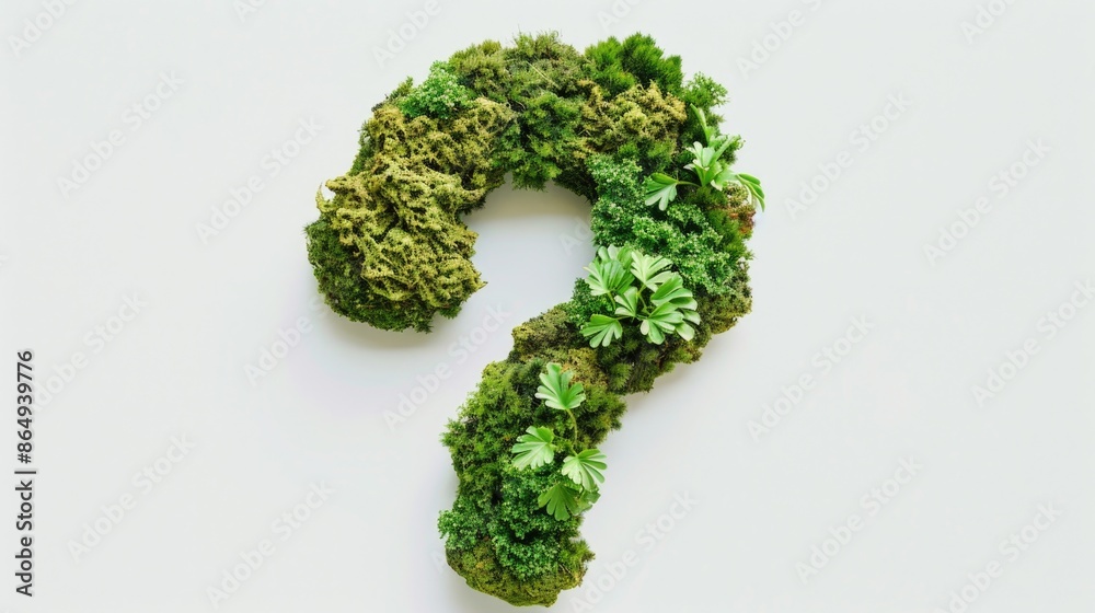 Poster a close-up of a moss-covered question mark on a white surface