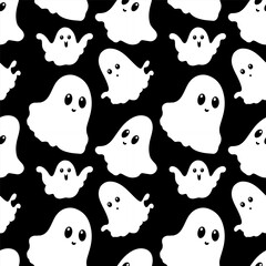 Cute and simple vector black and white seamless pattern with halloween ghosts flat childish style