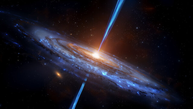 Un AGN (une galaxie de Seyfert) et son jet bipolaire de plasma &eacute;mis par le trou noir supermassif actif cach&eacute; en son centre.
