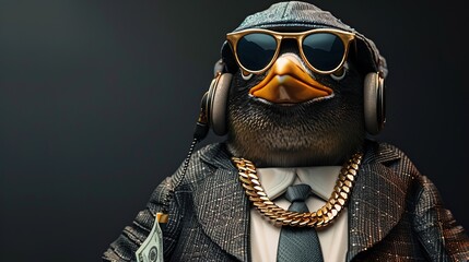 Cool rich gangster boss penguin with business suit and tie, sunglasses, hat, headphones, gold chain and money dollars