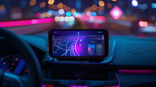 empty screen blank display of car dashboard smartphone mobile holder using navigation gps maps system concept with HUD and hologram screens and infotainment app user interface wide
