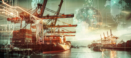 A cargo ship navigates a busy harbor, its hull overlaid with a digital map of the world, highlighting the interconnectedness of global trade