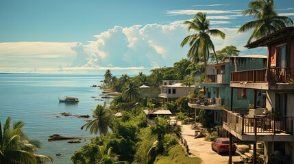 Fototapeta premium Beautiful Island With Ocean Front Houses Seascape Background